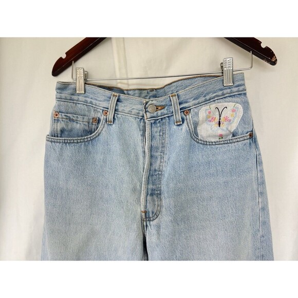 Levi’s 501 Jeans 32 Light Wash Floral Embroidered Cuffs Butterfly Patch USA Made - Picture 2 of 6